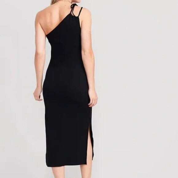 Old Navy Black One Shoulder Tie Ribbed Midi Dress with Side Slit and Shelf Bra - Picture 3 of 7